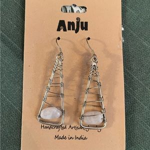 Hand Crafted Wired Natural Stone Triangle Dangle Earrings, Dark Brass, New